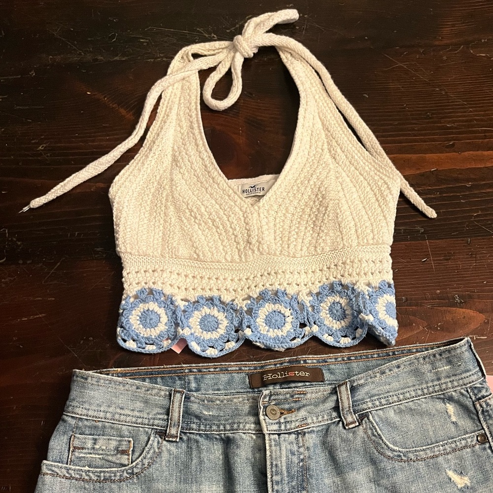 Hollister Cream Crochet Halter Crop Top with Blue Accent
